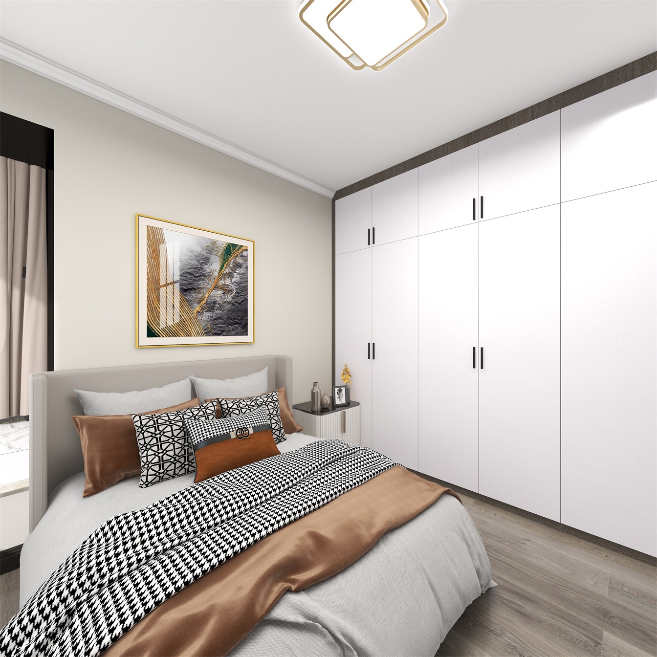 老人房设计简单，功能上满足生活需求，白色顶墙衣柜设计大气，收纳功能强。