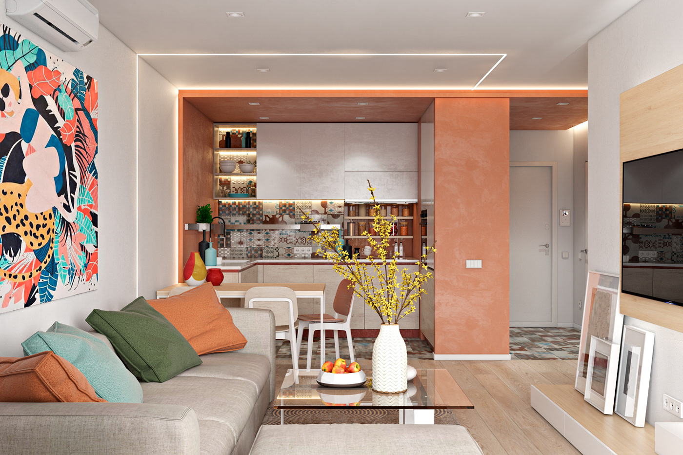 客厅空间甜腻感十足，白色基调的立面中也呈现出细腻的视觉感受。