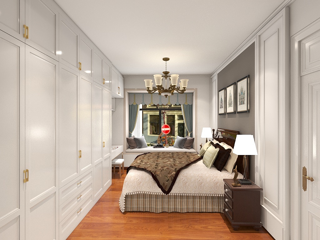 卧室床头背景墙选用白色护墙板和灰色拼接，装饰画比较休闲，小空间实现了大面积利用。