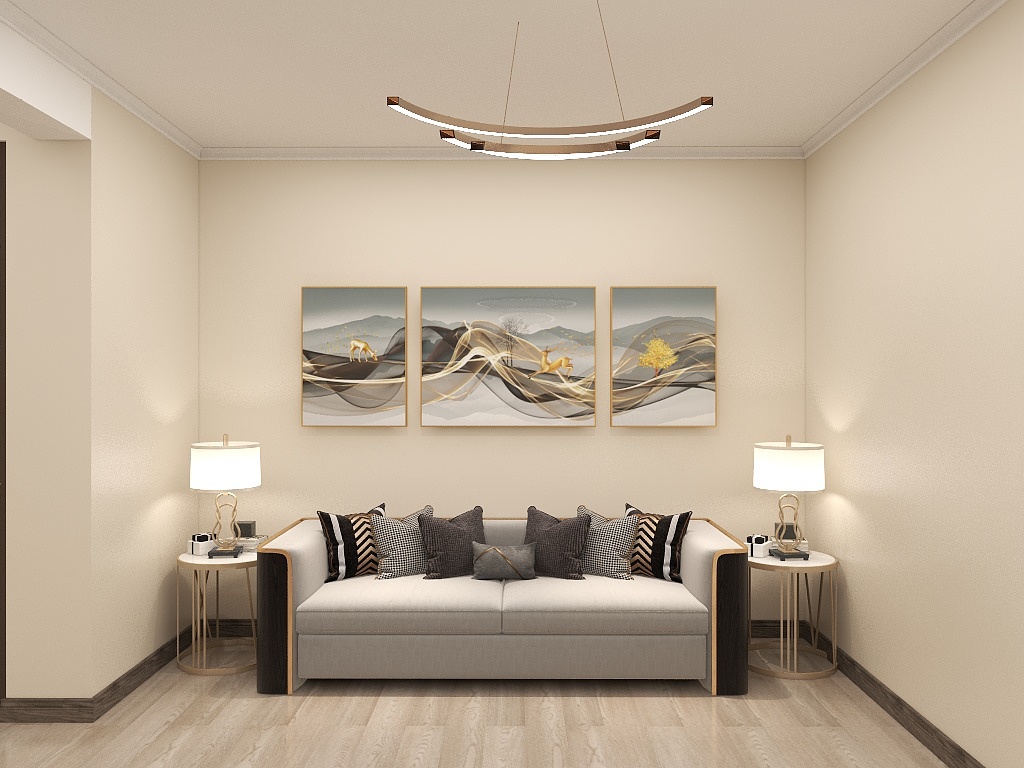 客厅以米色为基调，采用平顶设计，灰白色沙发艺术感强，装饰画配色与其相辅相成。