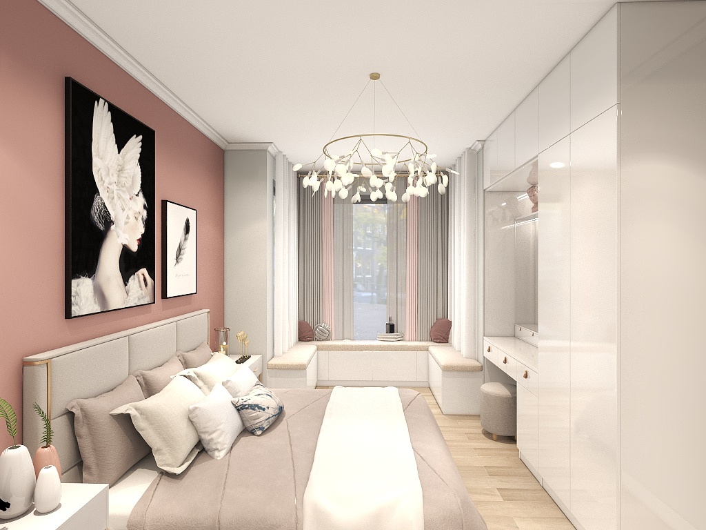 床头背景墙采用粉色设计，卧室飘窗U型设计，提升了空间层次感，白色衣柜精致大方。
