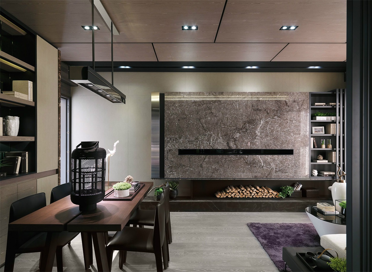 电视机背景墙素雅简约，右侧收纳柜的设计，使客厅空间表现更加大气。