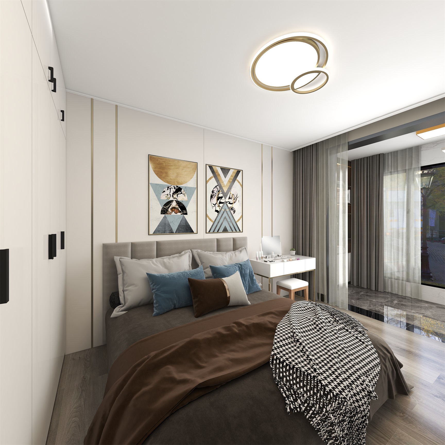 卧室米色、灰色、与高级咖色相互结合，使整个空间显得十分的优雅。
