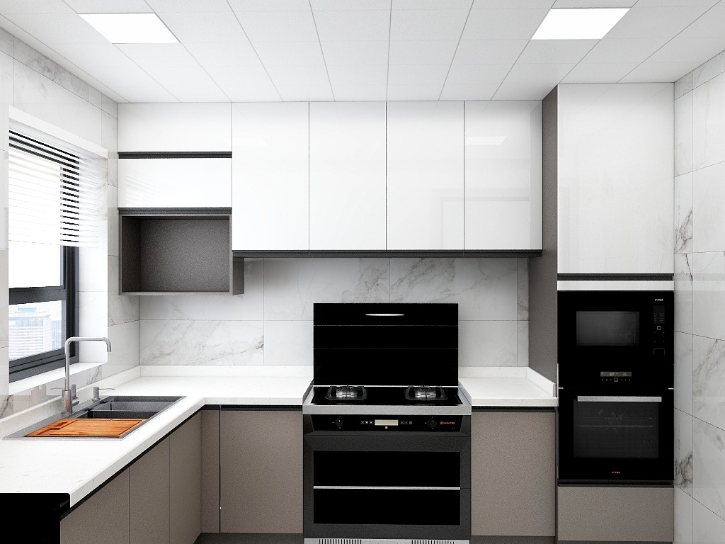 厨房空间配色内敛，空间中隐隐透出业主的审美气质，动线规划流畅高效。