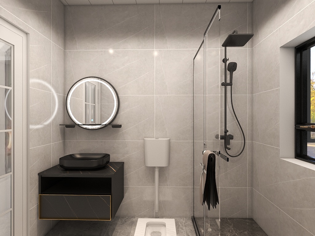 卫浴空间摆脱传统的繁琐和沉闷,以米灰色为背景墙,局部使用玻璃门进行