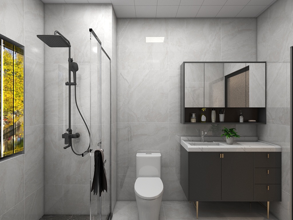 卫浴空间明亮干净，大理石砖面带来一种自然舒适的感觉，洗手台成为空间点缀。