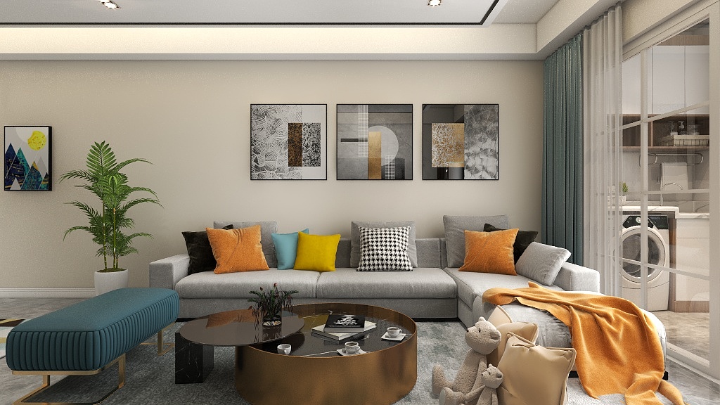 客厅使用米色贯穿主题，与精致软装在空间中交融，充满简雅的生活气息。