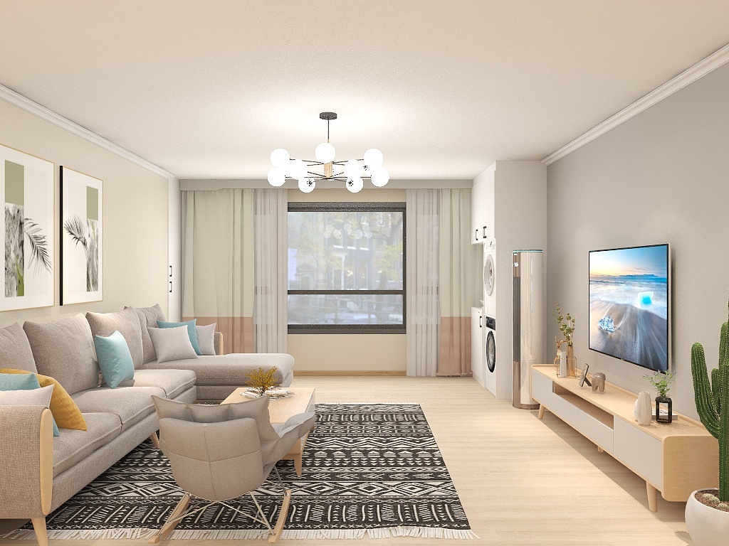 客厅使用浅色调为背景，灰色布艺沙发搭配木质家具，让整体空间变得富有活力与生机。
