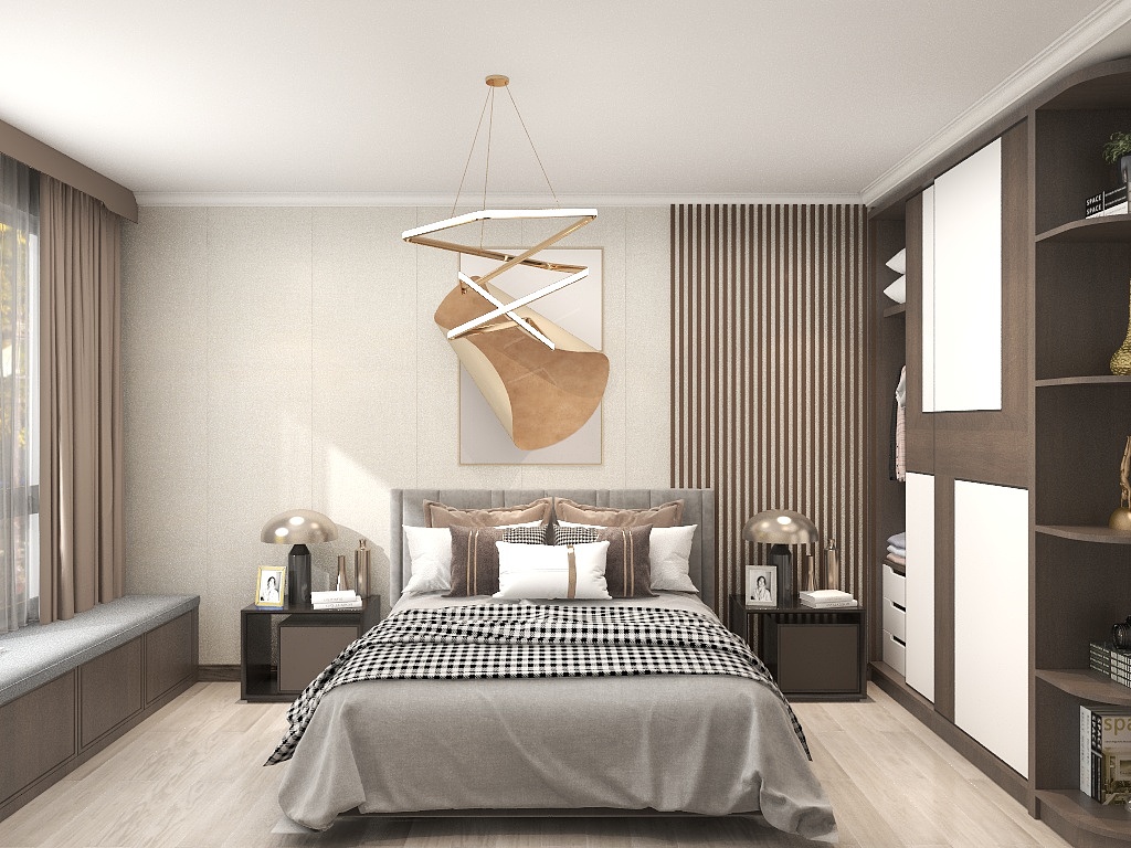 次卧采用米色打底，灰色与木色调软装增加了空间的层次感，形成丰富的立面观感。