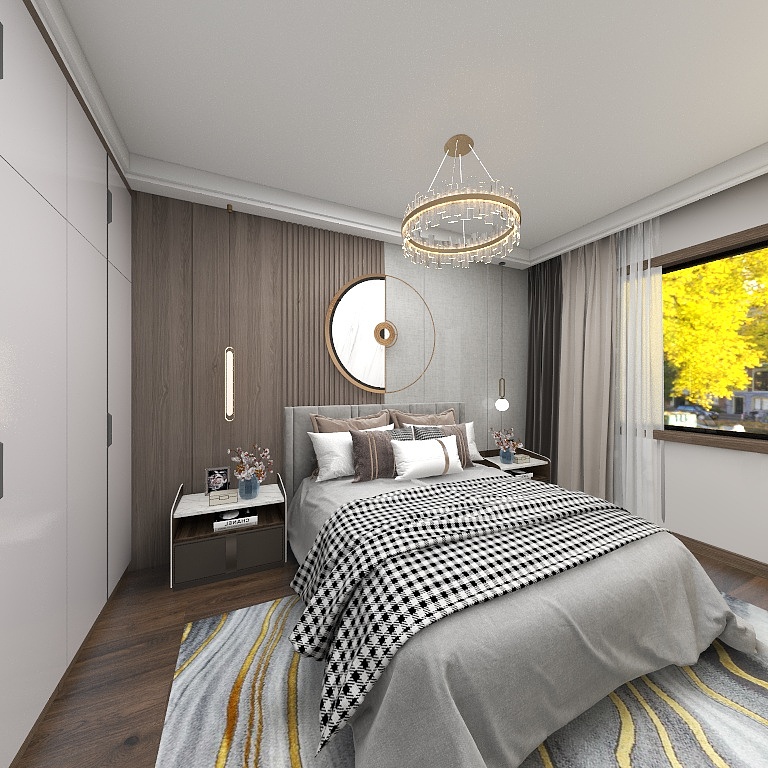 室内以灰色与咖色为主，布置流线型地毯，营造出了一种简约优雅的卧室空间氛围。