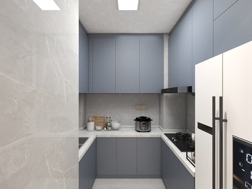 蓝色搭配浅白工作台，在U字的厨房空间以现代轻奢感呈现，营造洁净氛围。