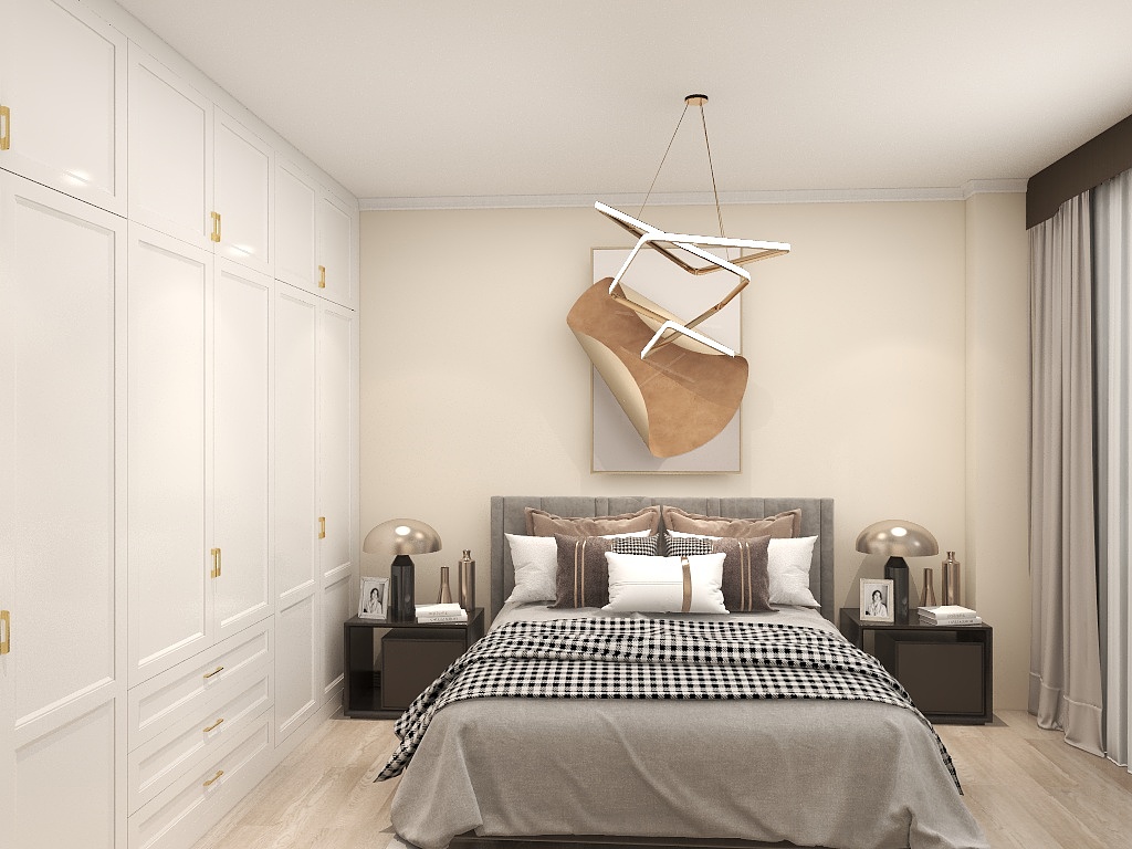 灰色丝绒床头与米色背景相互融合，提升空间精致感，白色面墙衣柜设计，使空间有了整体性。