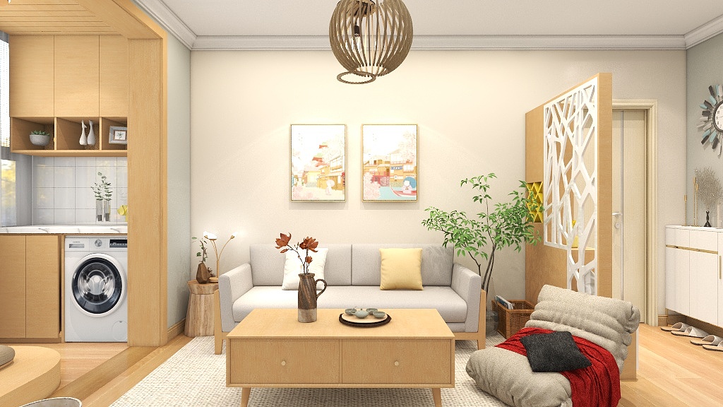 客厅以米色为背景调，搭配木地板、灰色布艺沙发，营造出温馨的视觉氛围。