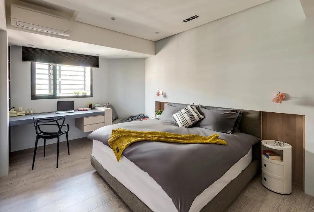 卧室设计致力于打造出一个舒适感至上的私密空间，配色稳重，有安全感。