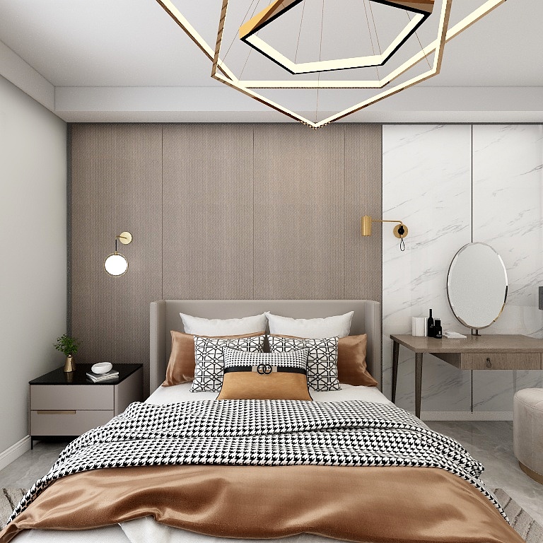 主卧墙面拼接打造，床品设计简雅而高级，搭配灯具烘托，营造出素雅氛围。