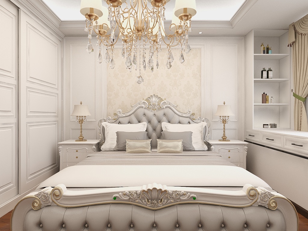 主卧使用白色护墙板作为背景造型，营造华丽感的视觉效果，搭配欧式床头，呈现奢华质感。