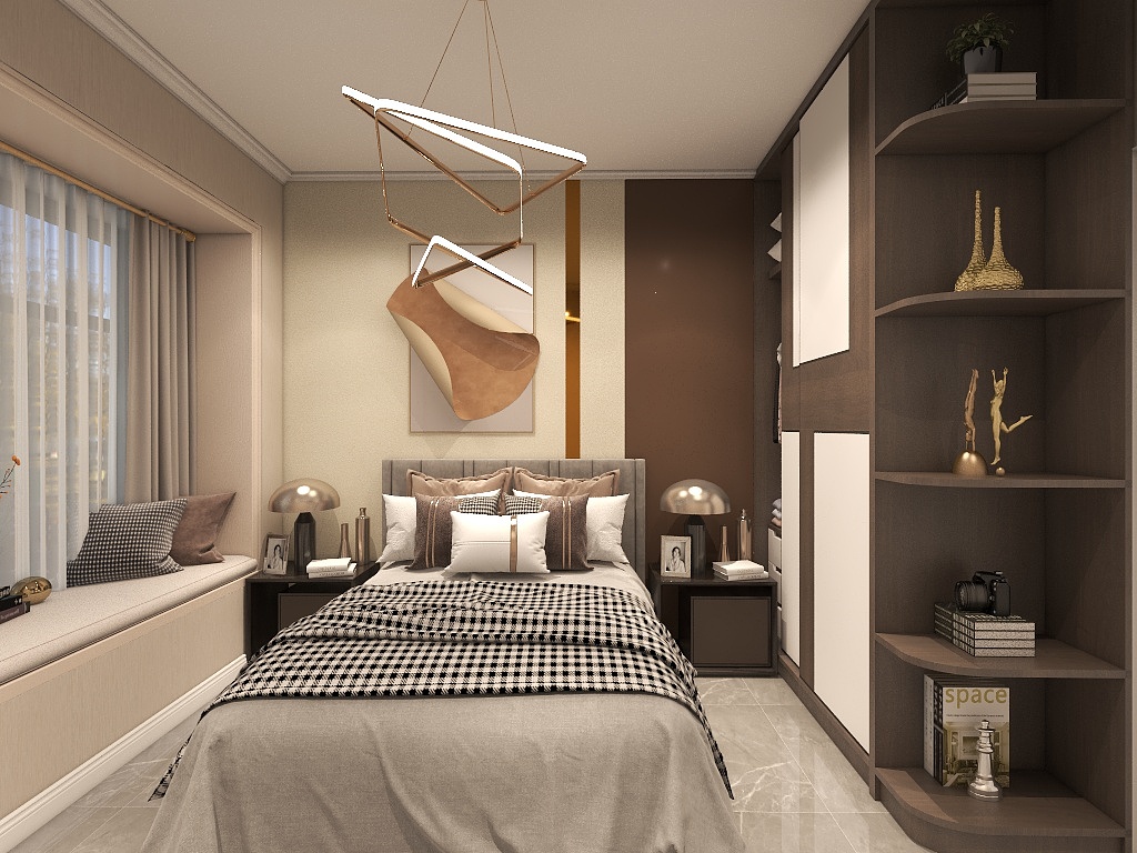 咖色床品设计既和次卧空间背景形成呼应，也与地砖颜色相近，视觉效果和谐统一。