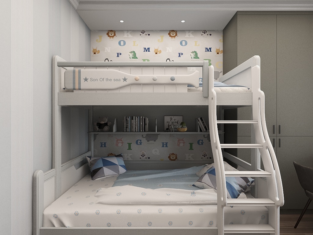 儿童房采用上下床设计，提升了空间使用率，背景墙采用卡通壁纸铺贴，童趣感强烈。