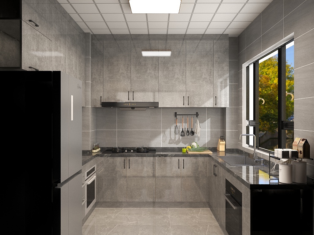 U型厨房动线设计合理，灰色橱柜细腻质地，打造出宁静柔和的环境。