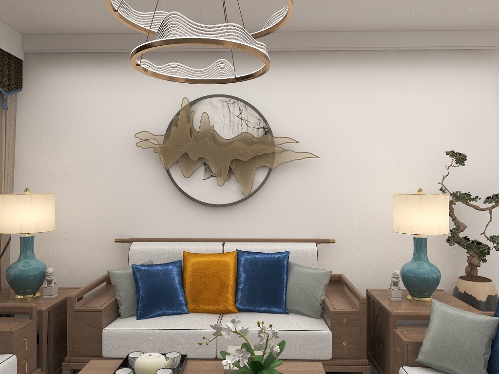 客厅以木色和白色为主，带给人一种岁月静好之美的既视感，亮色抱枕点缀提升活力。