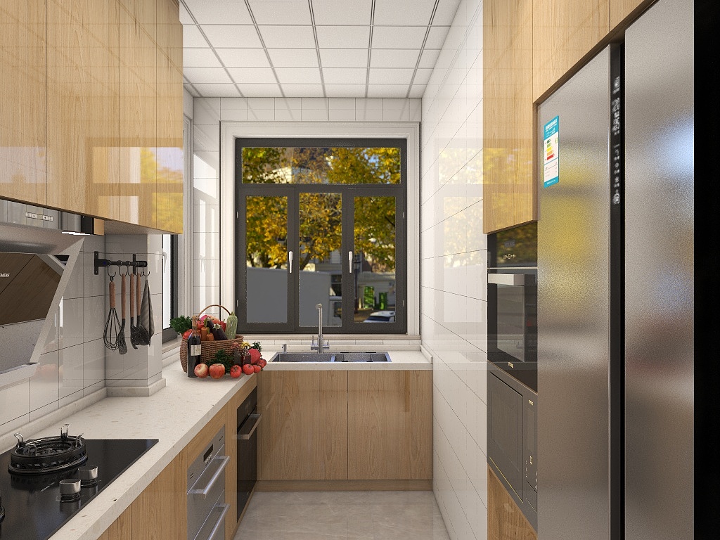 厨房白色墙砖和白色工作台相互呼应，L字型的木质橱柜温婉精致，视觉氛围清新自然。