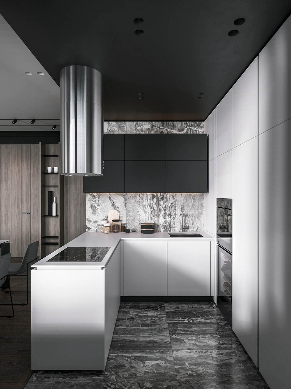 厨房以白色为主的，橱柜与背景色相互融合，吊柜与天花巧妙映衬，凸显精致。