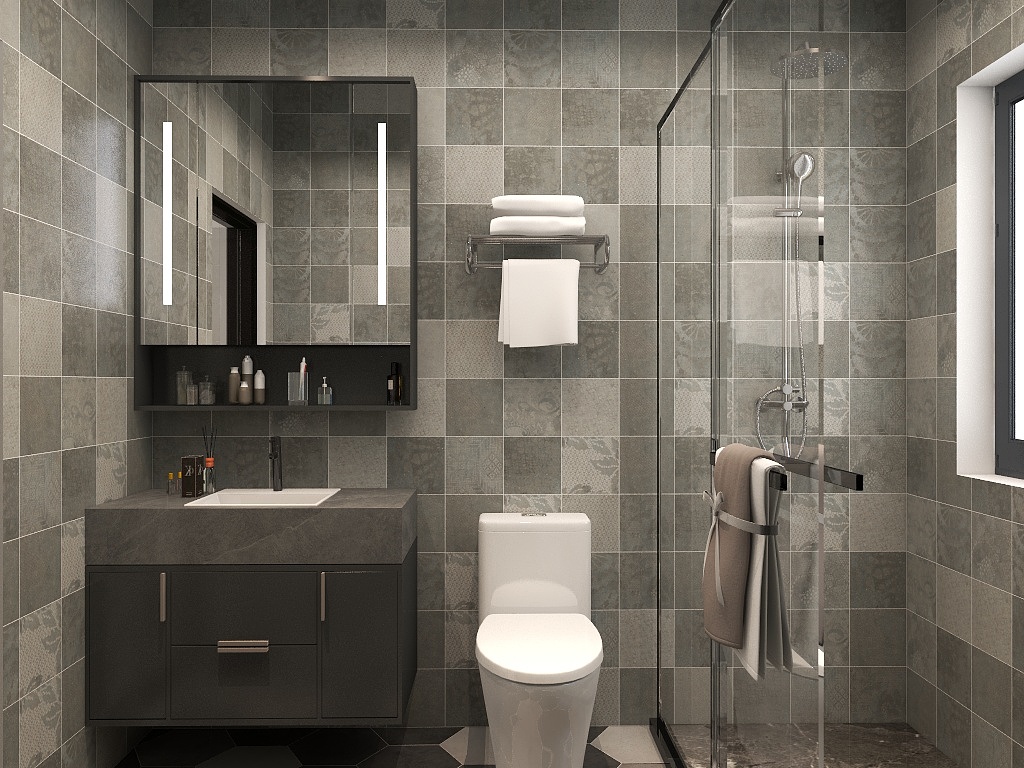 卫浴空间以米色为主题，洁具和洗手池注重材质本身，整体没有视觉噪音。