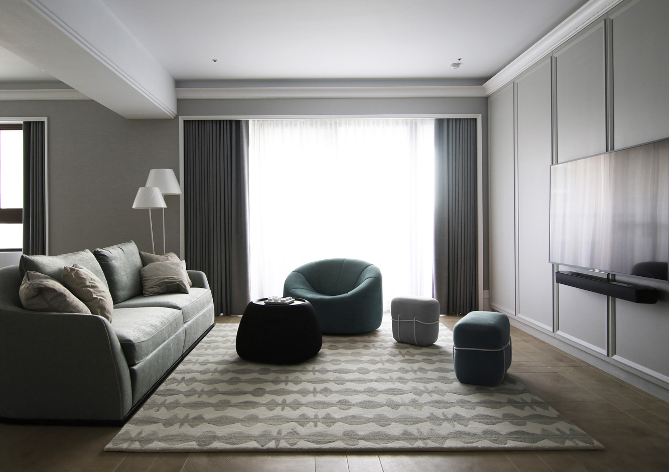 客厅设计简单大气，空间中以朴质的颜色勾勒出客厅空间的现代调性。