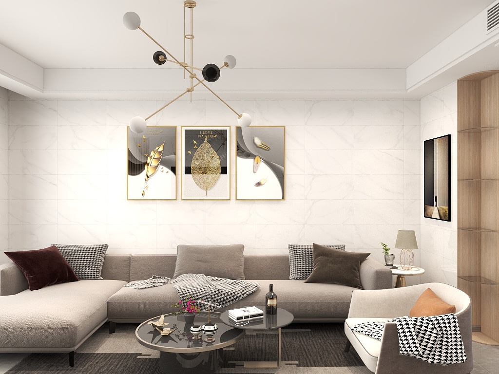 客厅以简约手法打造， 咖色沙发在浅色背景墙中，营造出自然而和谐的空间氛围。